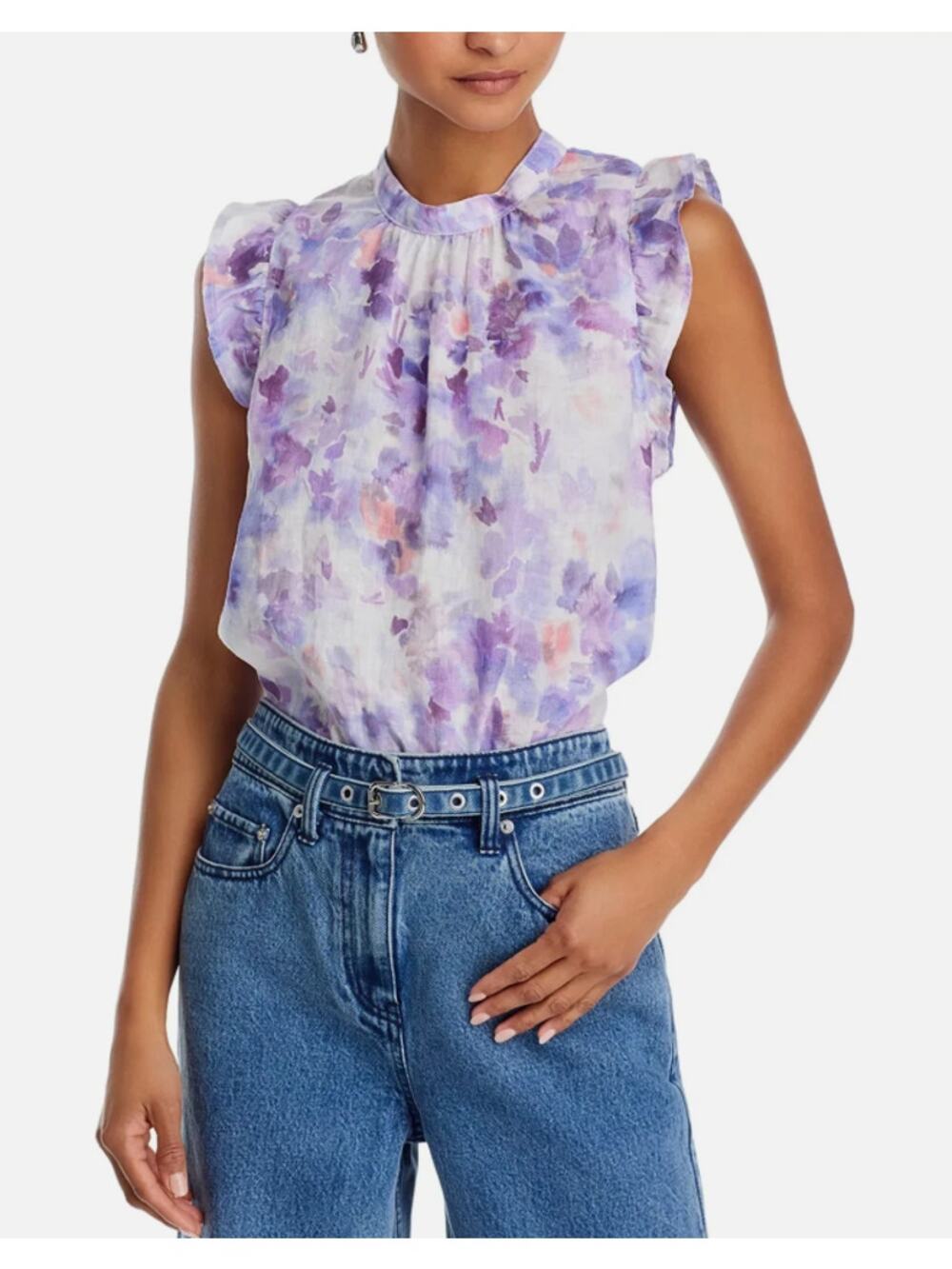 BELLA DAHL TOP WOMENS SIZE LARGE FLORAL LINEN MOCK NECK RUFFLE BLOUSE PURPLE NEW